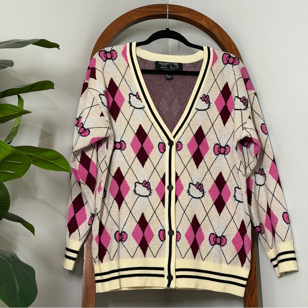 Hello Kitty x Forever 21 MEDIUM Pink Cream Argyle Button Knit Cardigan Sweater